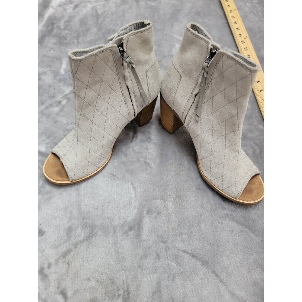 TOMS Majorca Grey Suede Peep Toe Block Heel zip up Bootie‎ Size Women's 7.5
